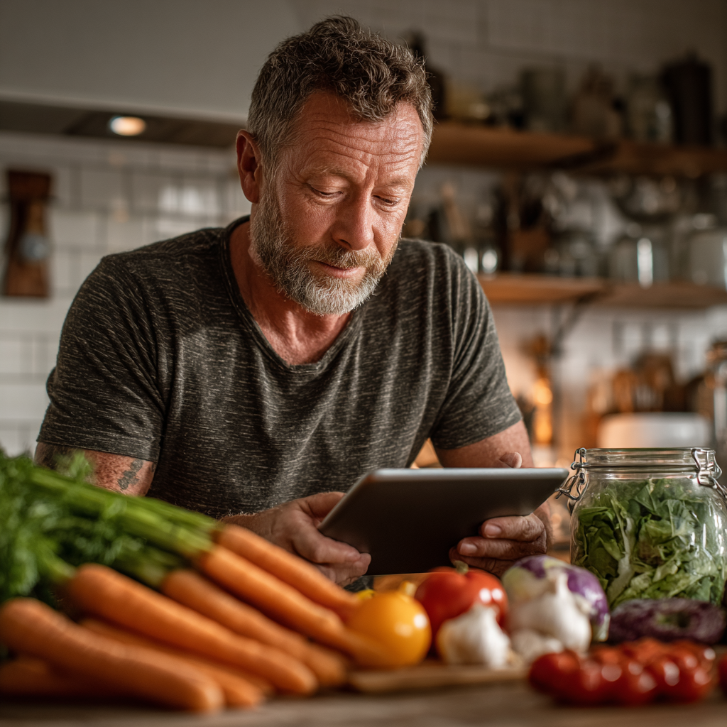 Чоловік 58 років у кухні готує салат за рецептом з планшета, на столі розкладені свіжі інгредієнти