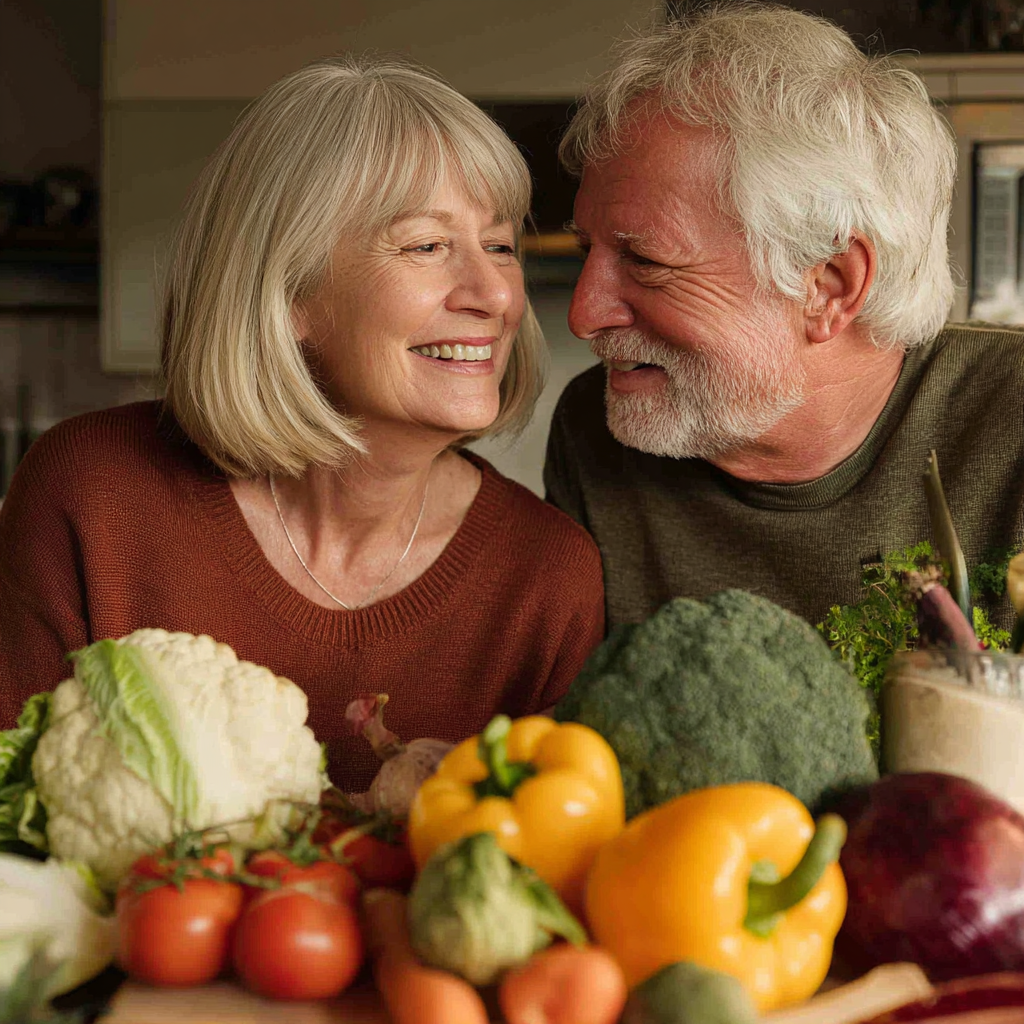 Сімейна пара 55-60 років разом готує здорову їжу на кухні, посміхаючись один одному
