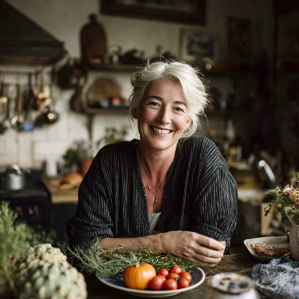 Жінка 55 років усміхається, тримаючи тарілку зі свіжими овочами та зеленню, сидячи за кухонним столом